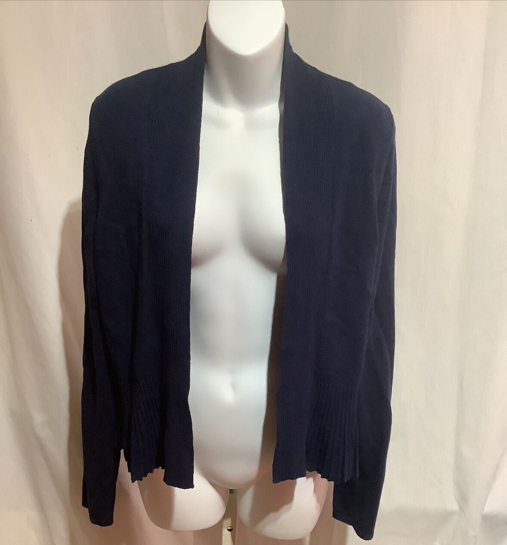 By Anthropologie Navy Blue Open Front Ruffle Hem Knit Cardigan Sweater Womens M